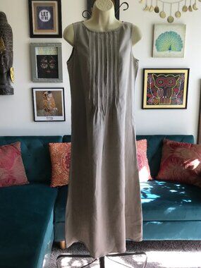 J JILL size S Beige Embroidered Pintuck Linen Sleeveless Midi Dress